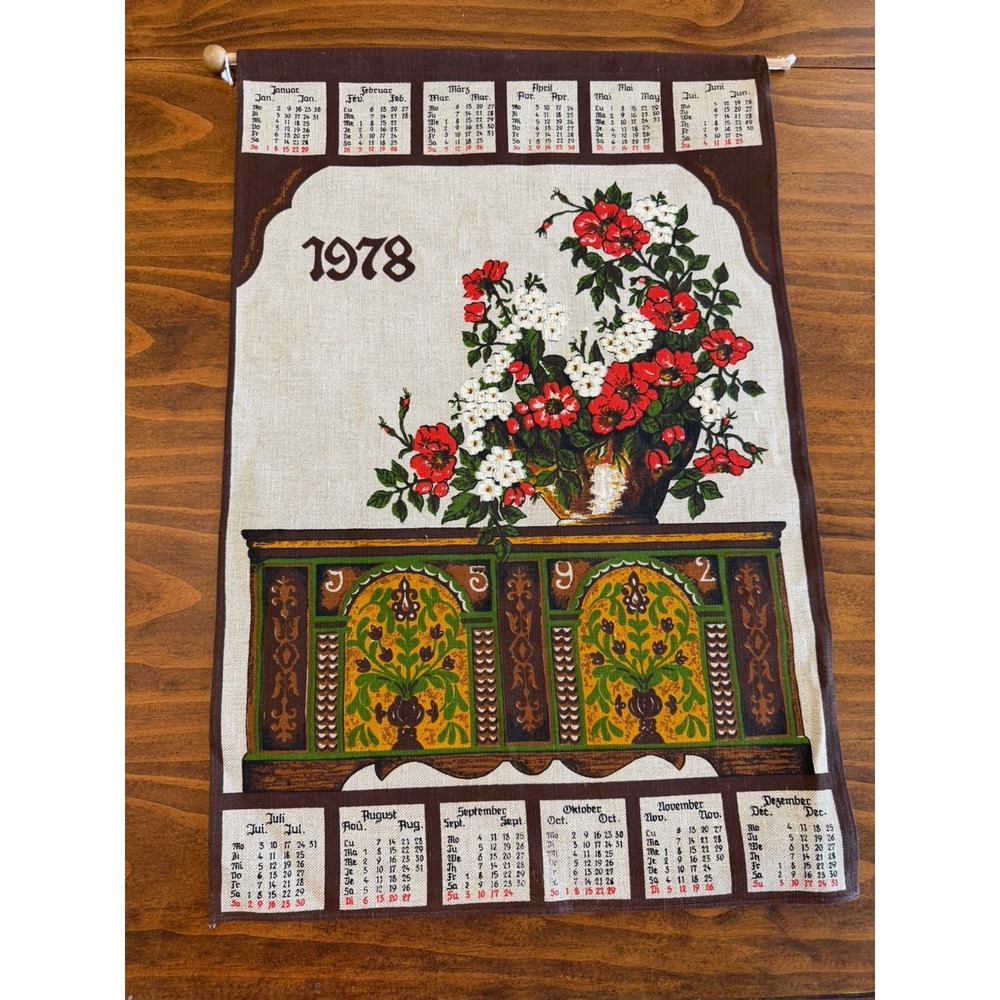 Vintage German Linen Tea Towel Calendar 1978 Floral Brown Yellow Red White
